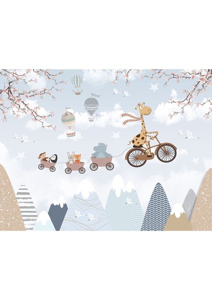 Bisikletli Zürafa Desen Isı ve Ses Yalıtımlı Tekstil Duvar Kağıdı modelleri