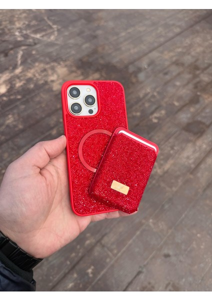 Iphone 12 Pro Kırmızı Taşlı Telefon Kılıfı ve Magsafe Kredi Kartlık Cüzdan Seti