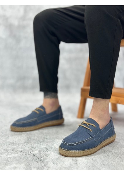 BA0358 Boa Doğal Deri Tozu Bağcıklı Kauçuk El Yapımı Espadril Taban Mavi Renk Erkek Ayakkabı