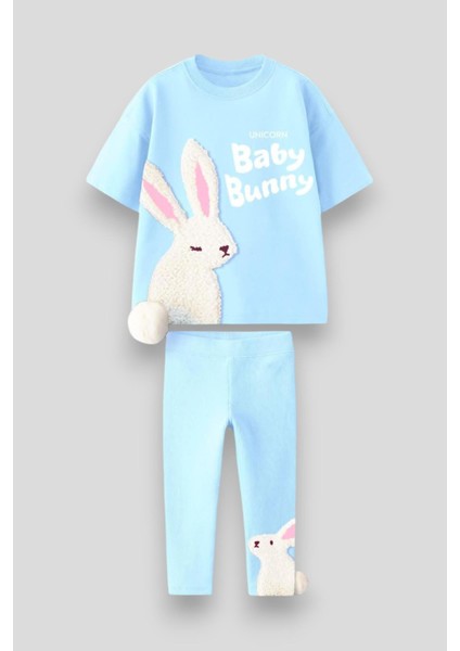 Kız Çocuk Pamuklu Mavi Tavşan Desenli Takım - Baby Bunny Sloganlı