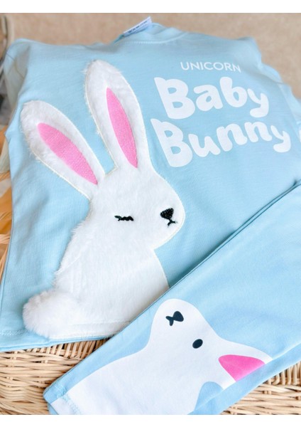 Kız Çocuk Pamuklu Mavi Tavşan Desenli Takım - Baby Bunny Sloganlı