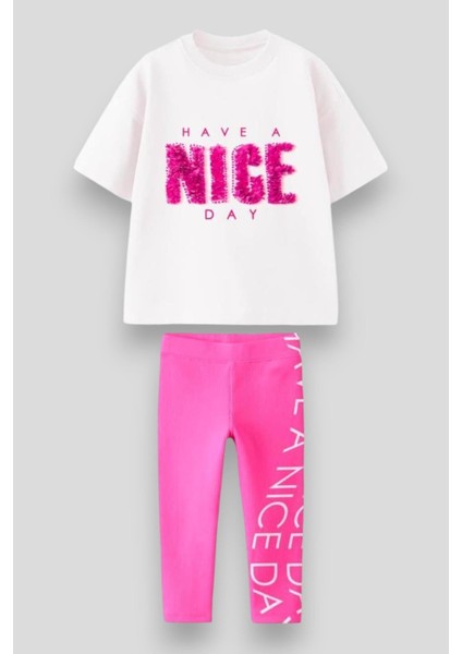 Kız Çocuk Pamuklu Beyaz Pembe Sloganlı Takım - “have A Nice Day” Yazılı T-Shirt ve Tayt
