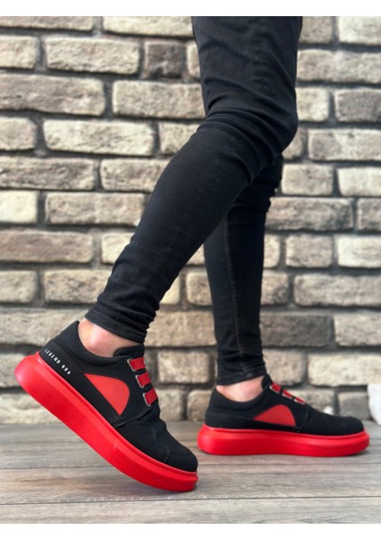 Ba0302 Boa Kalın Taban Bağcıksız Tarz Casual Siyah Kırmızı Erkek Ayakkabı