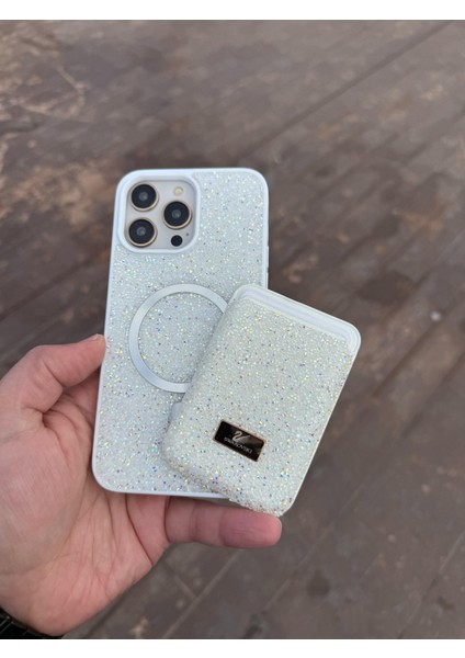 Iphone 16 Plus Beyaz Taşlı Telefon Kılıfı ve Magsafe Kredi Kartlık Cüzdan Seti