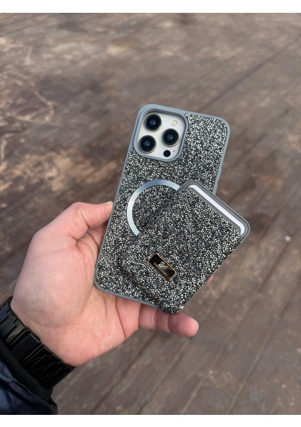 Iphone 16 Pro Titanyum Taşlı Telefon Kılıfı ve Magsafe Kredi Kartlık Cüzdan Seti