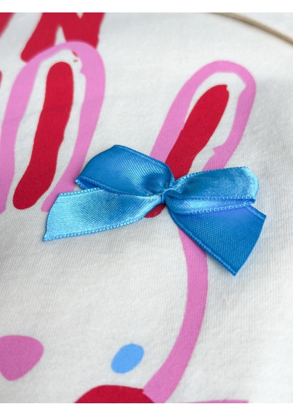 Kız Çocuk Pamuklu Ekru Bunnies Desenli T-Shirt ve Pembe Çizgili Bermuda Takım - Mavi Fiyonklu Tavşan Baskılı fiyatları