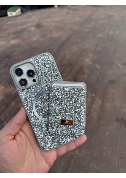 Iphone 12 Pro Gümüş Taşlı Telefon Kılıfı ve Magsafe Kredi Kartlık Cüzdan Seti