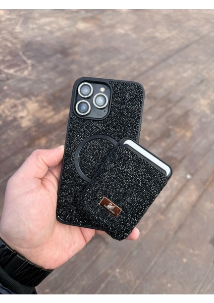Iphone 13 Siyah Taşlı Telefon Kılıfı ve Magsafe Kredi Kartlık Cüzdan Seti