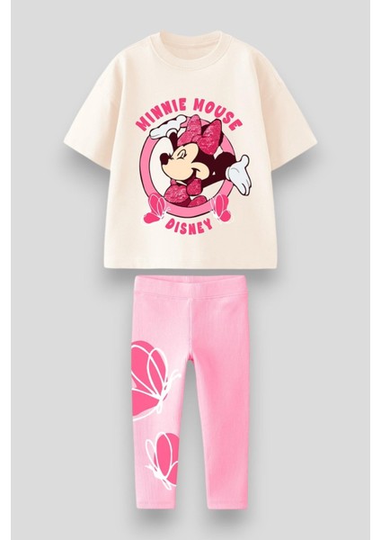 Kız Çocuk Pamuklu Ekru Minnie Temalı Takım - Parlak Fiyonklu T-Shirt ve Kelebek Desenli Tayt