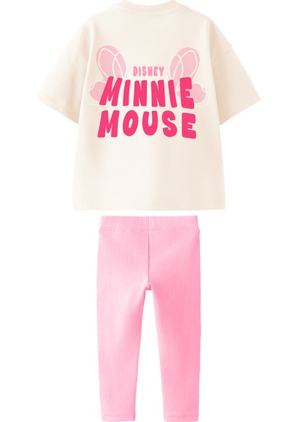 Kız Çocuk Pamuklu Ekru Minnie Temalı Takım - Parlak Fiyonklu T-Shirt ve Kelebek Desenli Tayt fiyatları