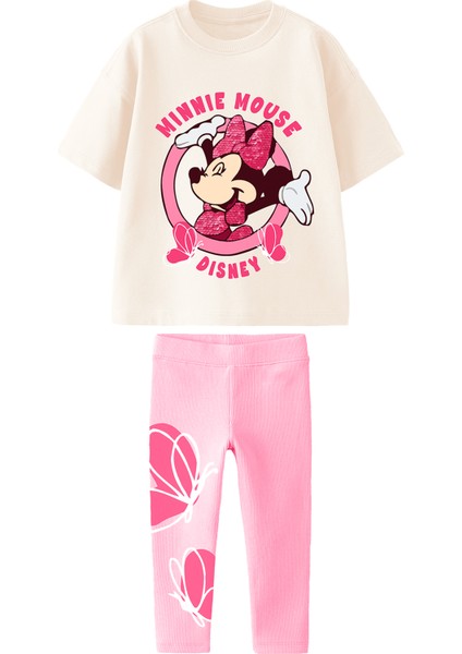 Kız Çocuk Pamuklu Ekru Minnie Temalı Takım - Parlak Fiyonklu T-Shirt ve Kelebek Desenli Tayt modelleri