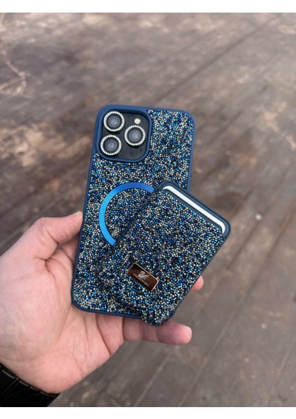 Iphone 12 Pro Mavi Taşlı Telefon Kılıfı ve Magsafe Kredi Kartlık Cüzdan Seti
