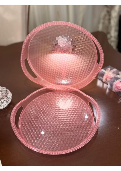 Monokristalin Pembe Transparan Parti Yılbaşı Sunum Tepsisi (Pembe Yuvarlak)