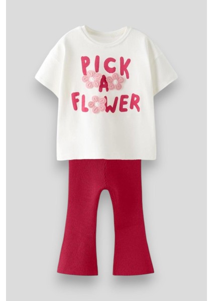 Kız Çocuk Pamuklu Beyaz Pick A Flower Yazılı T-Shirt ve Tayt Takım - Çiçekli Slogan Detaylı