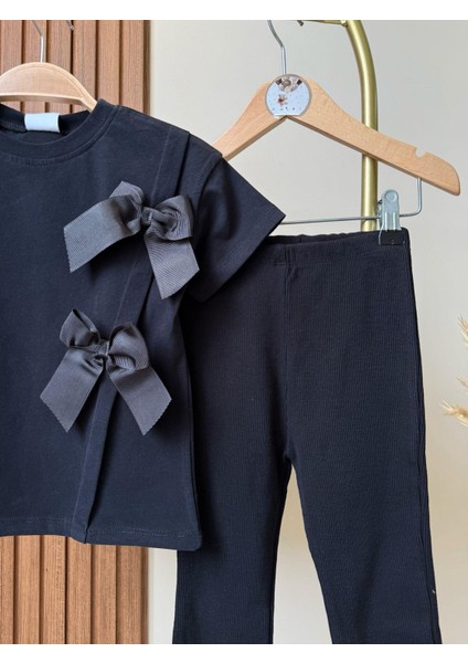 Kız Çocuk Pamuklu Siyah Kurdele Detaylı T-Shirt ve Fitilli Pantolon Takım – Şık Günlük Kombin modelleri