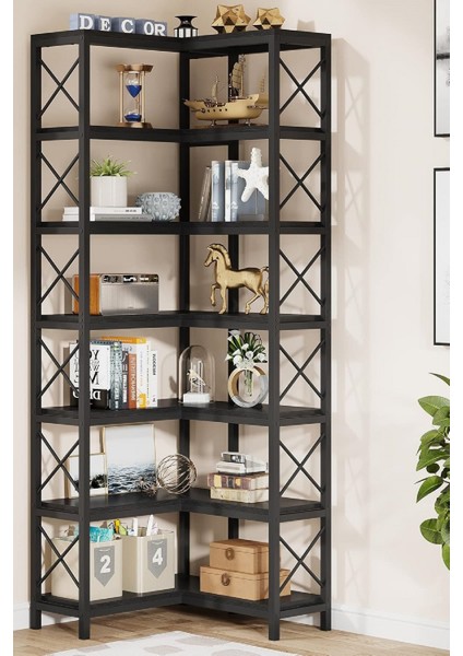 Modern ve Şık Tasarımlı 7 Katlı Köşe Kitaplık ve Depolama Rafı