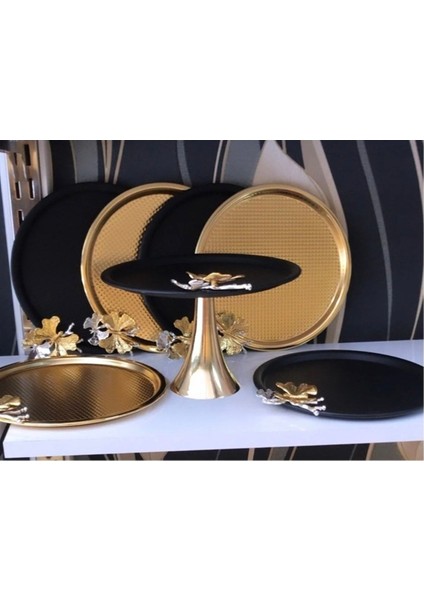 3 Adet Gold 3 Adet Siyah Sunum Tepsisi ve Siyah Kek Standı 7 Parça