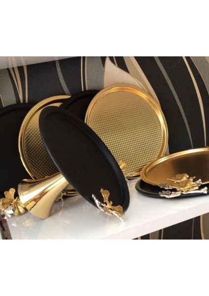 3 Adet Gold 3 Adet Siyah Sunum Tepsisi ve Siyah Kek Standı 7 Parça modelleri