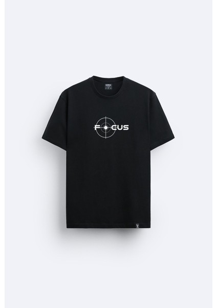 Focus Baskılı Bisiklet Yaka Normal Kalıp Siyah Tişört T-Shirt