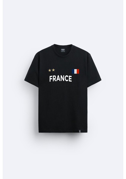 France Fransa Baskılı Bisiklet Yaka Normal Kalıp Siyah Tişört T-Shirt