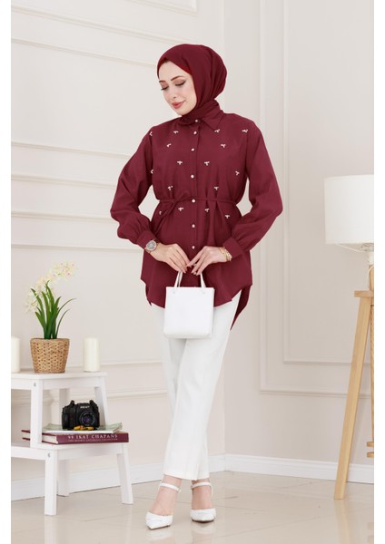 Monako Yaka Taşlı Tunik-Bordo
