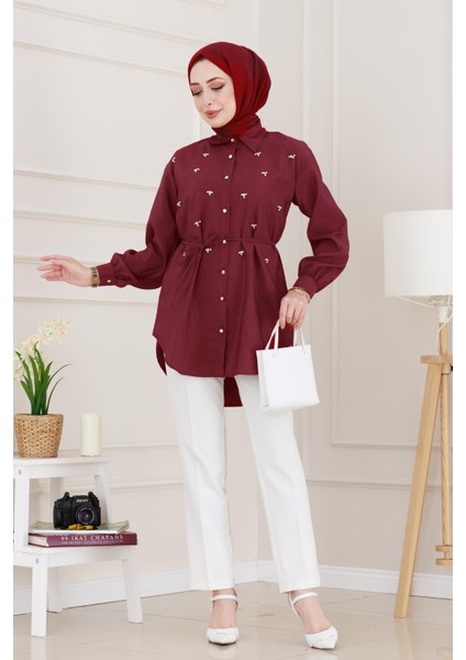 Monako Yaka Taşlı Tunik-Bordo