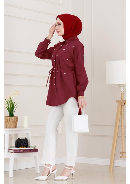 Monako Yaka Taşlı Tunik-Bordo