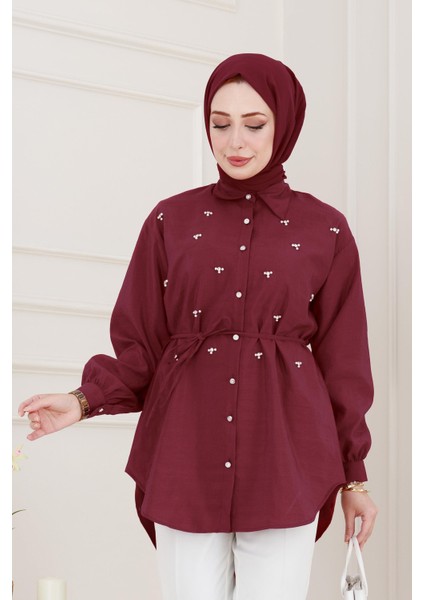 Monako Yaka Taşlı Tunik-Bordo