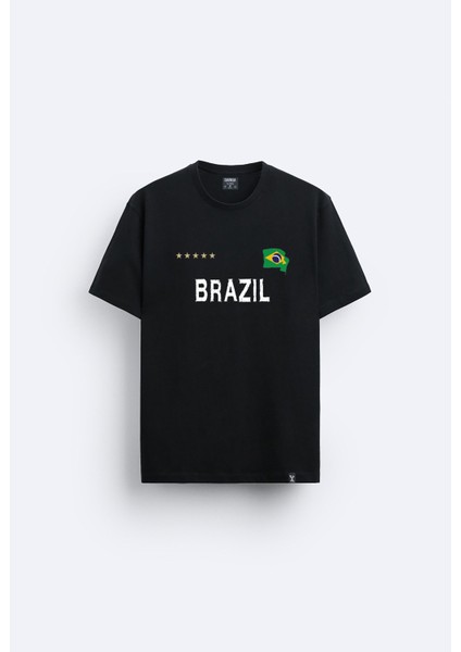 Brezilya Brazil Baskılı Bisiklet Yaka Normal Kalıp Siyah Tişört T-Shirt
