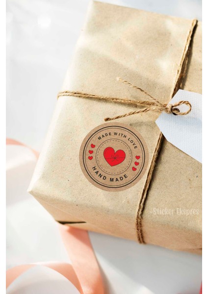 Kırmızı Kalpli Kraft Görünümlü Hand Made Teşekkürler Etiketi Paketleme ve Ürün Sticker
