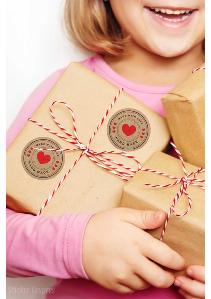 Kırmızı Kalpli Kraft Görünümlü Hand Made Teşekkürler Etiketi Paketleme ve Ürün Sticker fiyatları