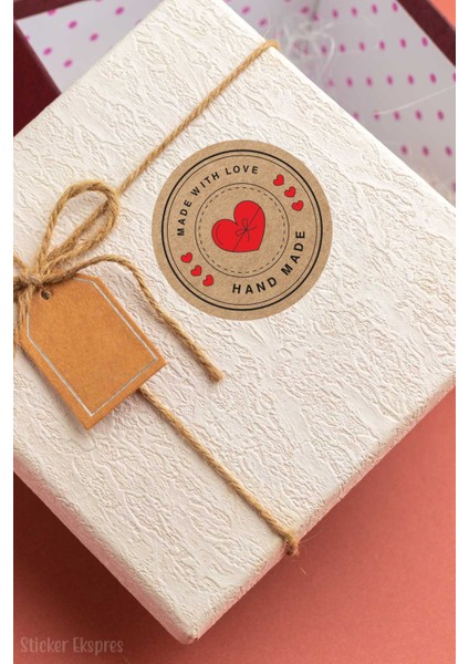 Kırmızı Kalpli Kraft Görünümlü Hand Made Teşekkürler Etiketi Paketleme ve Ürün Sticker indirimleri