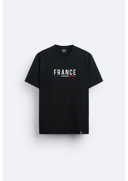 France Fransa Baskılı Bisiklet Yaka Normal Kalıp Siyah Tişört T-Shirt