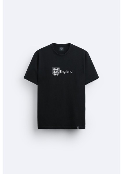 England Ingiltere Baskılı Bisiklet Yaka Normal Kalıp Siyah Tişört T-Shirt
