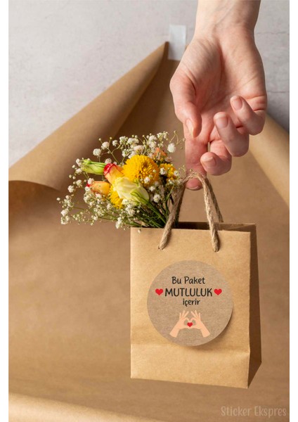 Bu Paket Mutluluk Içerir Kraft Görünümlü Paketleme ve Ürün Sticker Teşekkürler Etiketi