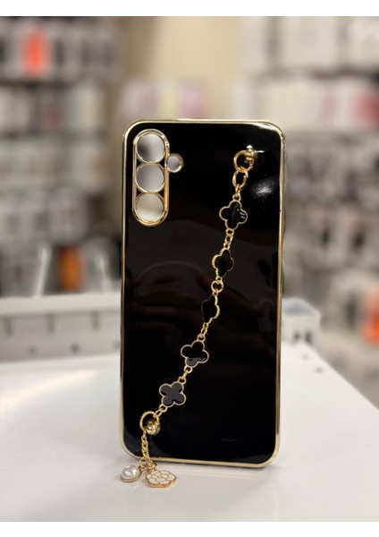 Asmobıle Samsung Galaxy A14 Uyumlu Zincirli Charm Detaylı Gold Kenarlı Parlak Şık Telefon Kılıfı