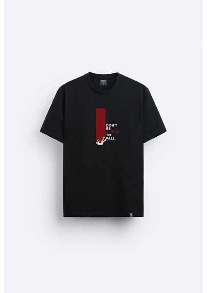 Dont Be Afraid To Fall Düşmekten Korkma Baskılı Bisiklet Yaka Normal Kalıp Siyah Tişört T-Shirt
