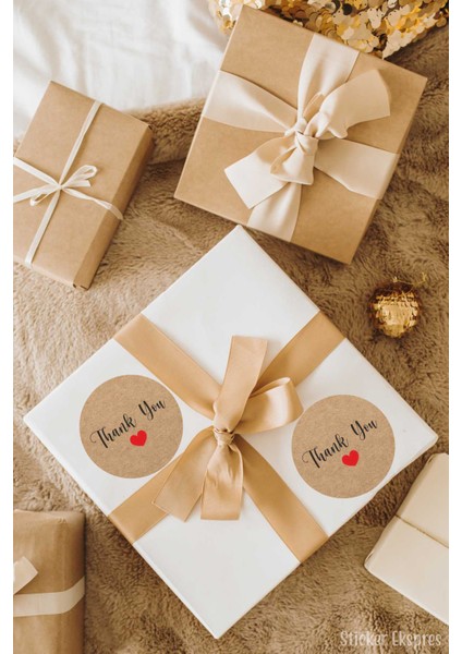 Kırmızı Kalpli Kraft Görünümlü Thank You Teşekkürler Etiketi Paketleme ve Ürün Sticker