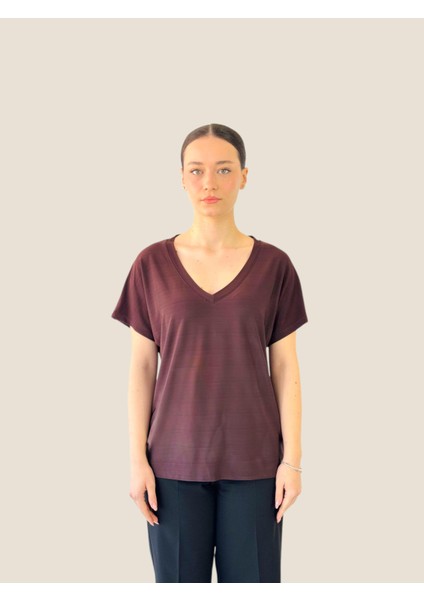 V Yaka Dökümlü Tişört Üst Kadın Kahverengi fiyatları