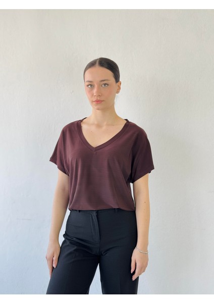 V Yaka Dökümlü Tişört Üst Kadın Kahverengi fırsatları