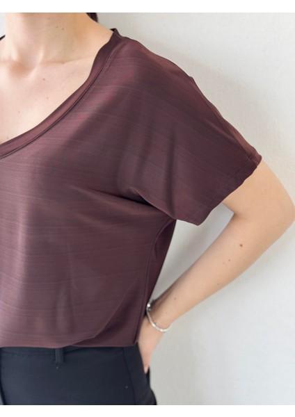 V Yaka Dökümlü Tişört Üst Kadın Kahverengi indirimleri