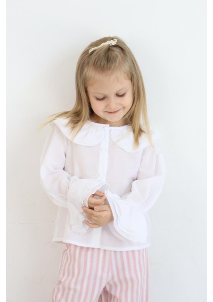 Yaka Detaylı Kız Çocuk Gömlek Ekru