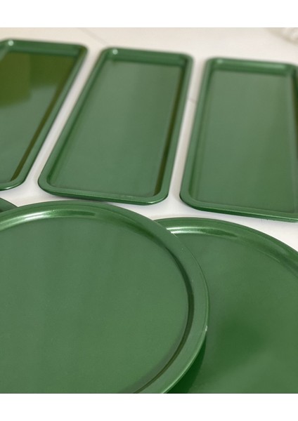 Yeşil Renk 6 Lı Dikdörtgen ve Yuvarlak Model Servis ve Sunum Tepsisi Metal Yeşil modelleri