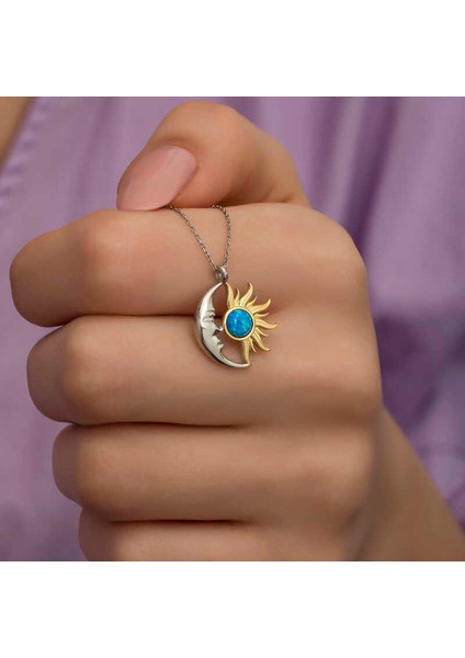 Gümüş Opal Mavi Taşlı Ay Güneş Kadın Kolye