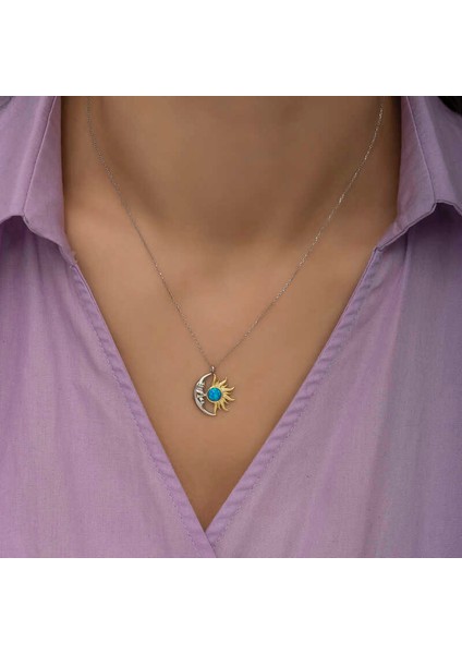 Gümüş Opal Mavi Taşlı Ay Güneş Kadın Kolye