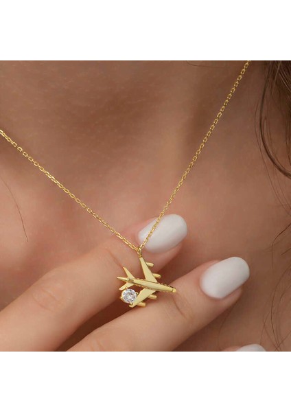Gümüş Gold Tek Taşlı Uçak Kadın Kolye modelleri