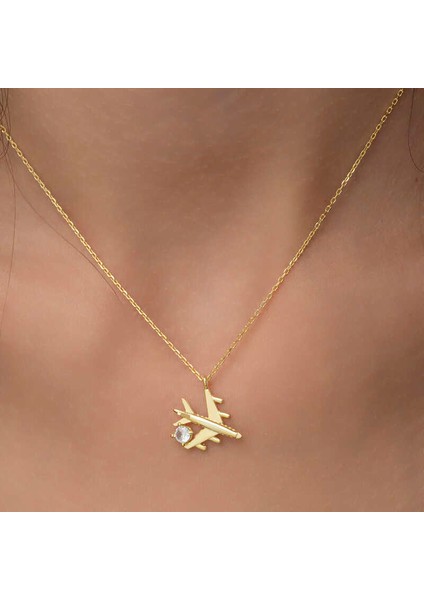 Gümüş Gold Tek Taşlı Uçak Kadın Kolye indirimleri