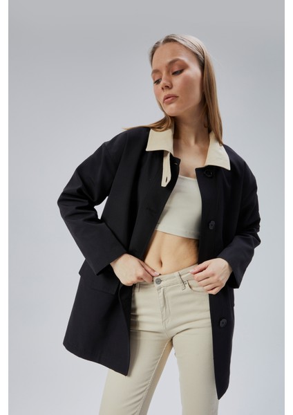 Siyah Oversize Casual Midi Trençkot