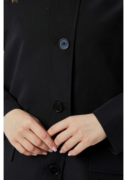 Siyah Oversize Casual Midi Trençkot