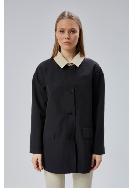 Siyah Oversize Casual Midi Trençkot